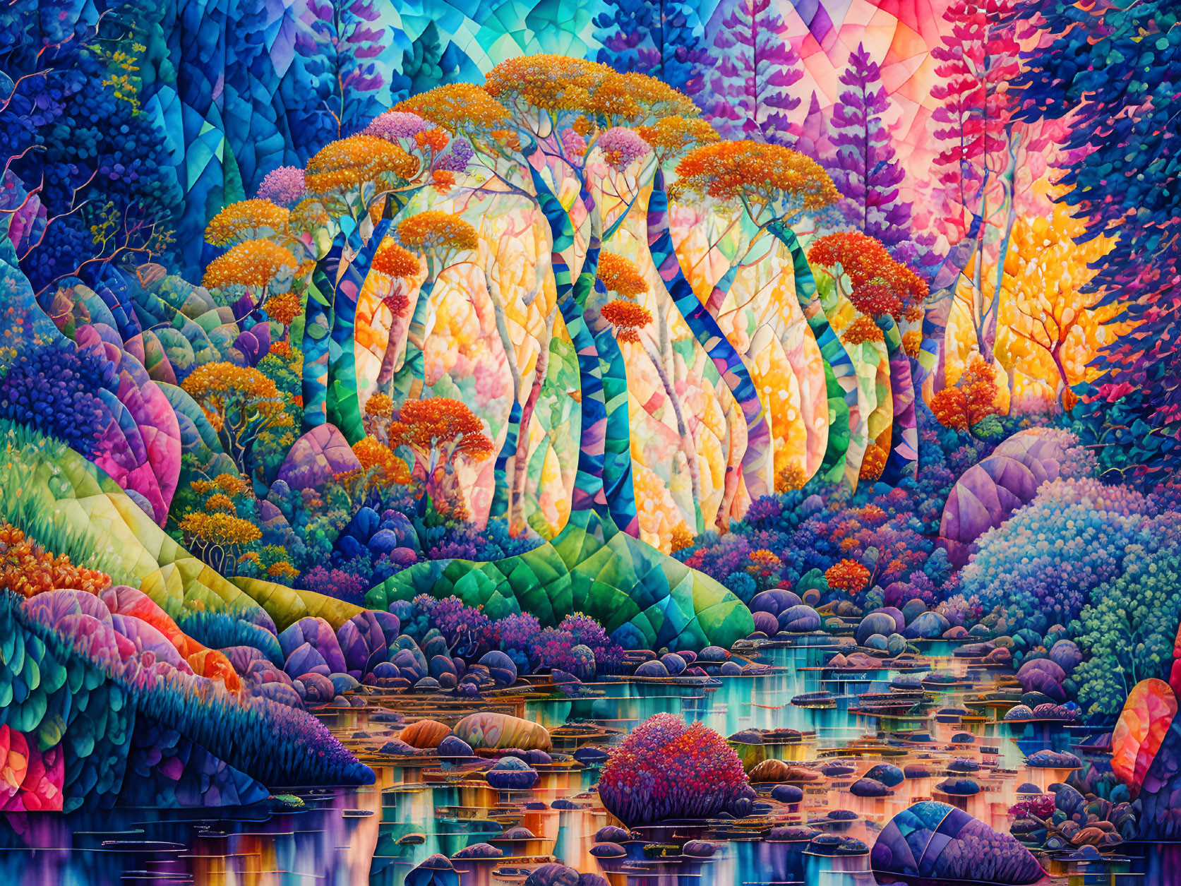 Colorful Fantasy Landscape with Stylized Trees and Reflective Water