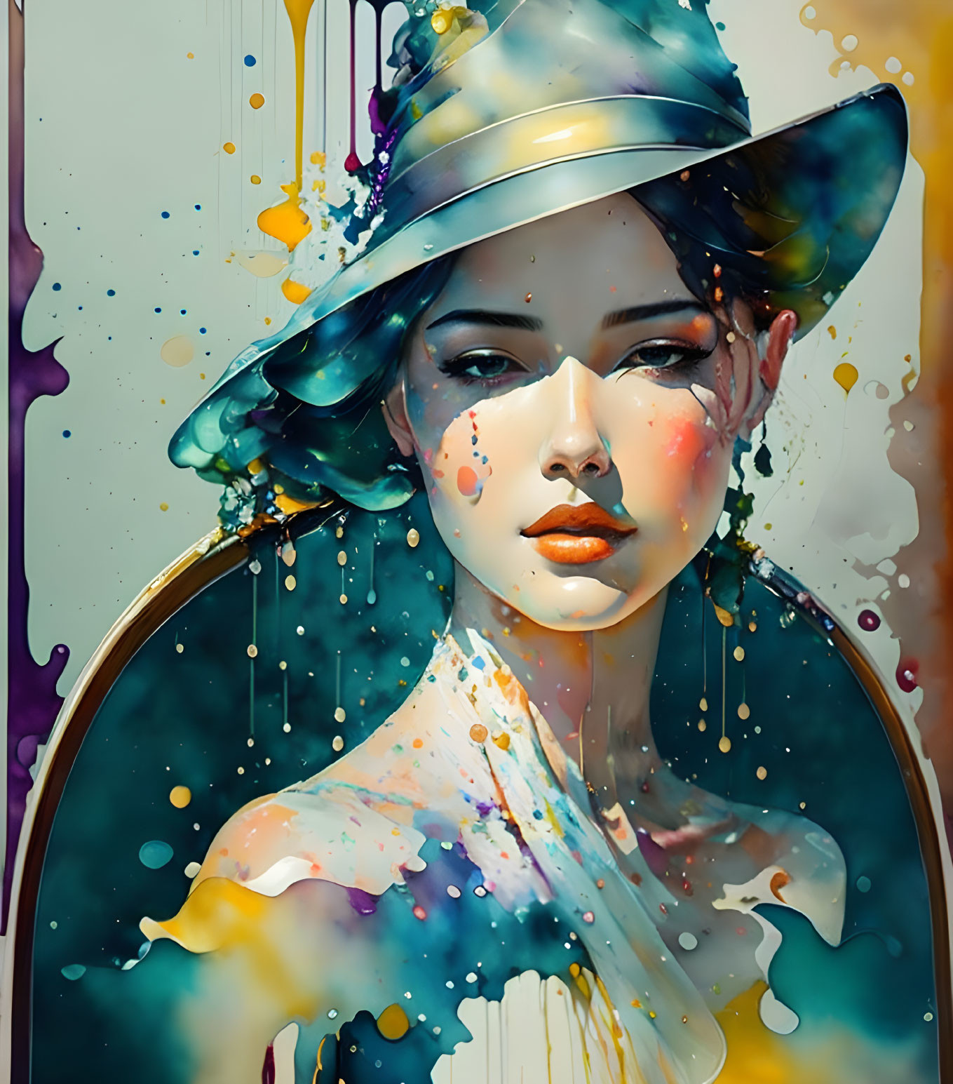 Colorful Portrait of Woman with Hat and Paint Splashes