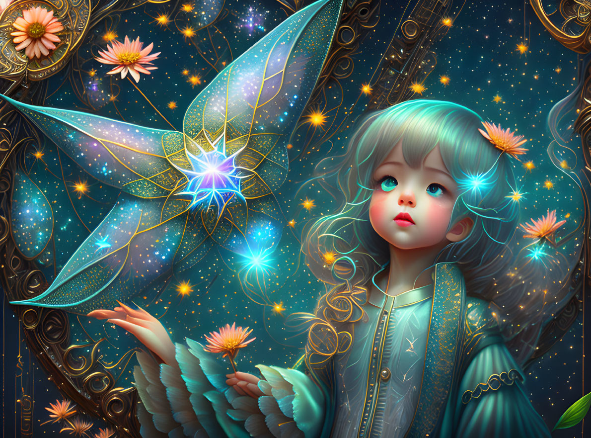 Young girl with turquoise hair admires magical butterfly in starry setting with mechanical flowers