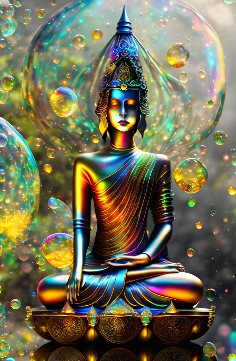 Iridescent meditating figure with ornate headgear and bubbles