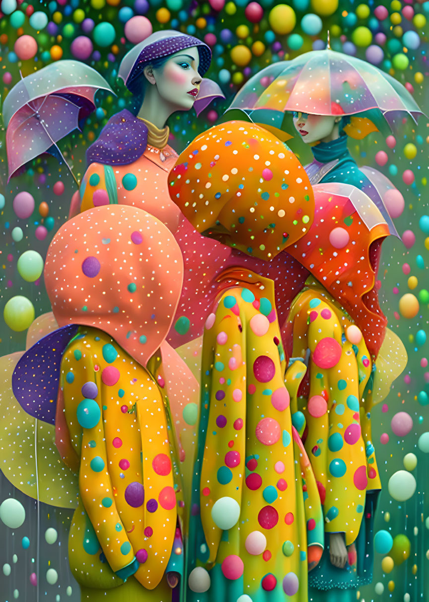 Colorful digital artwork of four stylized figures with dotted outfits and transparent umbrellas in a fantastical