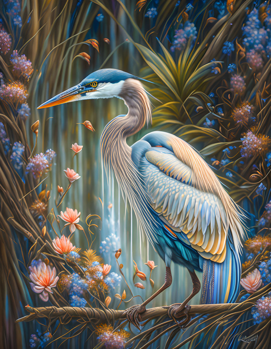 Vivid illustration: Heron in lush foliage with blooming flowers