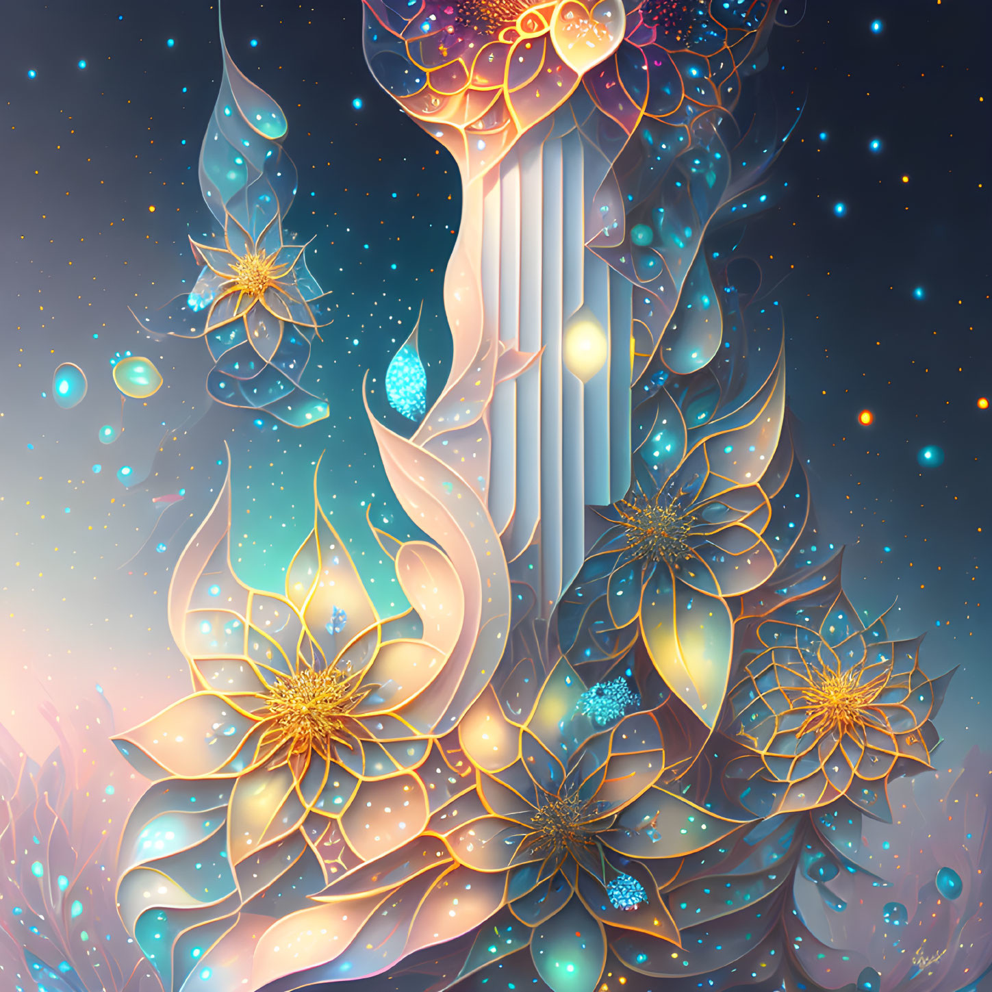 Cosmic harp with golden floral patterns on starry night sky