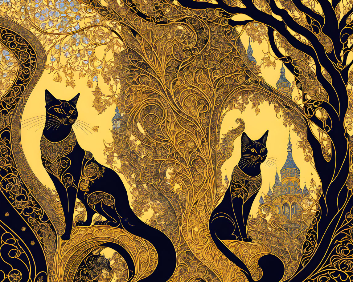 Detailed Gold and Black Illustration of Trees, Cats, and Architectural Domes