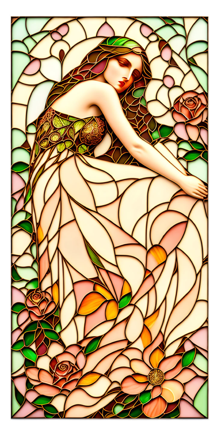 Elegant woman in stained glass with floral patterns