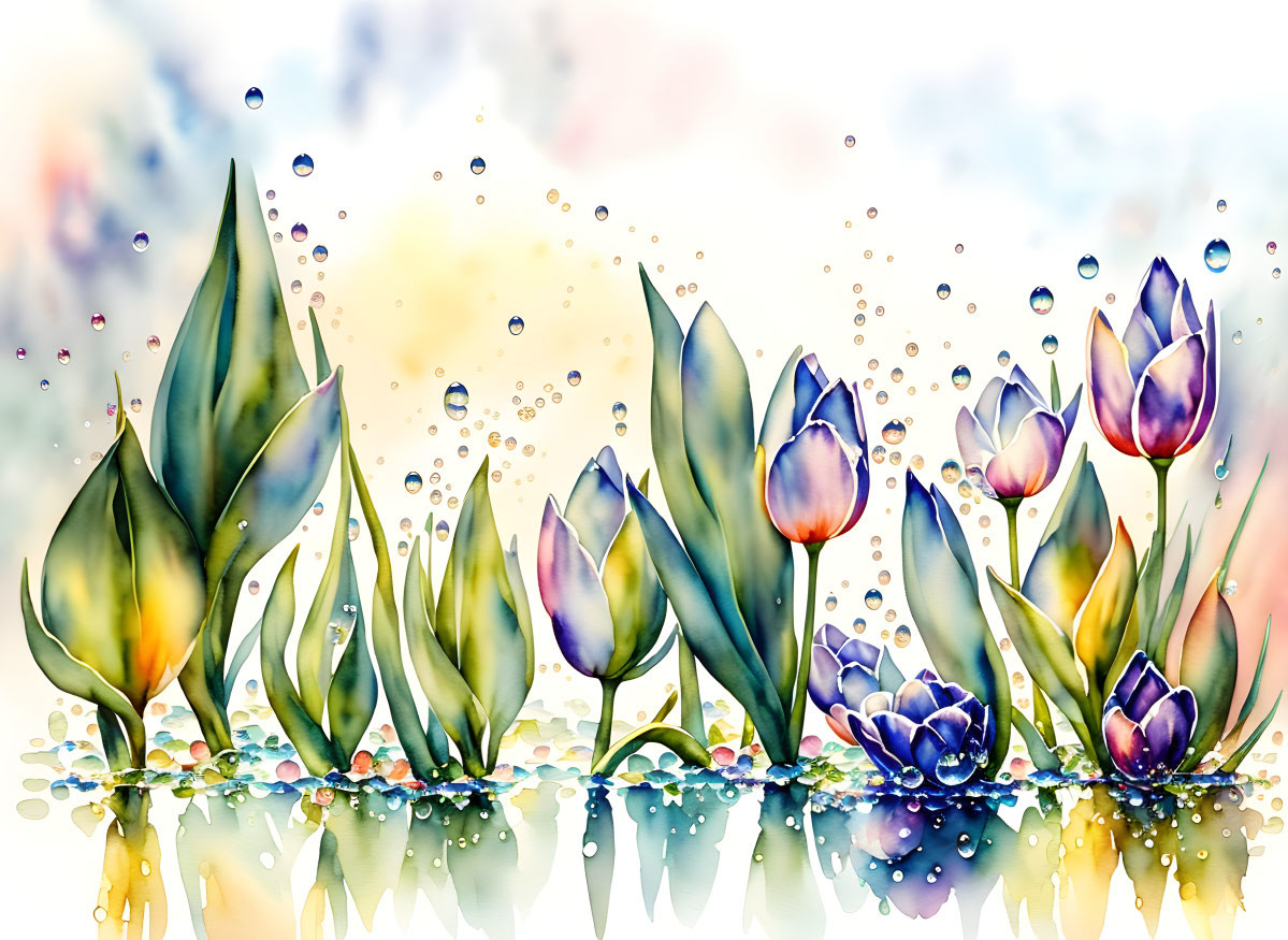 Vibrant tulips watercolor illustration with colorful droplets and reflections