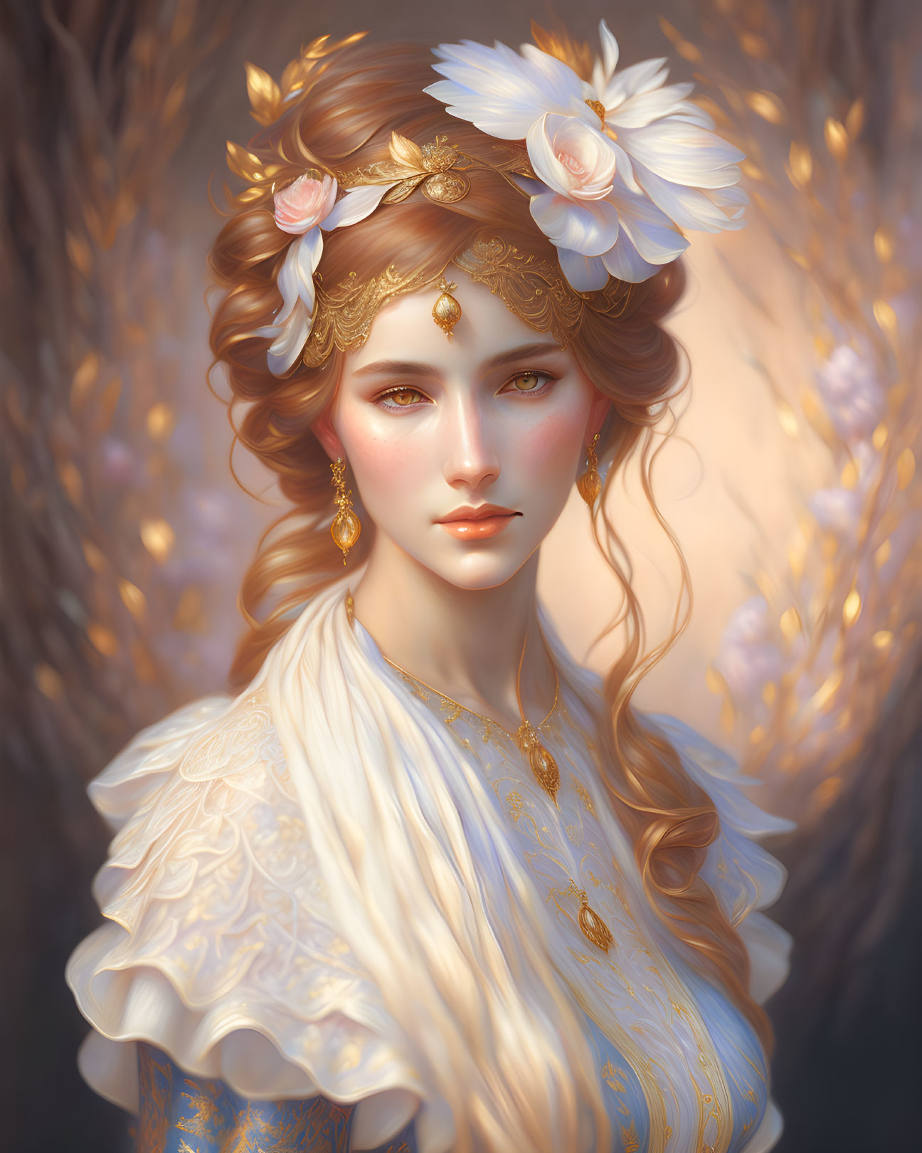 Portrait of a woman with gold headpiece, white flowers, white and gold dress in soft-focus setting