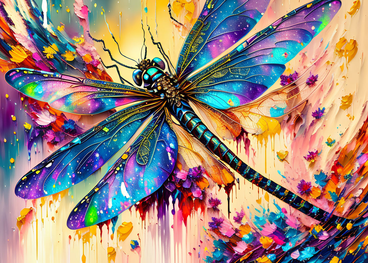 Colorful butterfly digital art with iridescent wings on paint-splattered backdrop