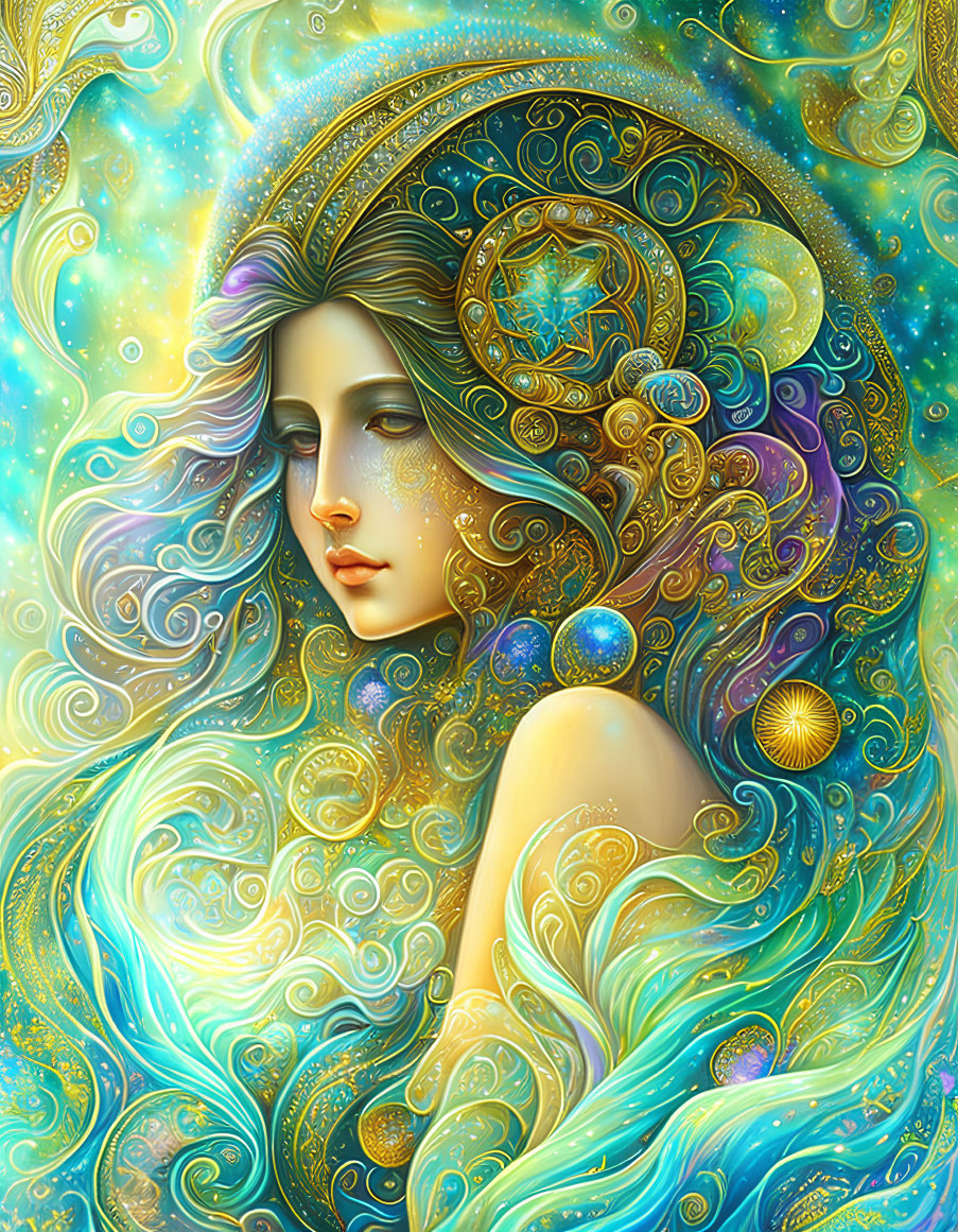 Detailed illustration: Woman with celestial hair in swirling gold and turquoise backdrop