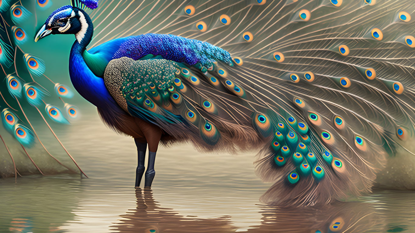 Colorful Peacock with Vibrant Tail Feathers in Misty Reflection