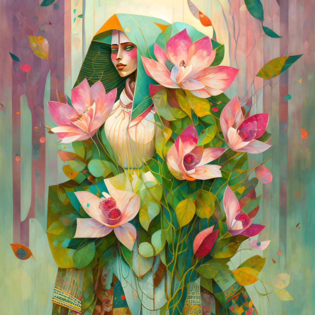 Surrealist portrait of woman with lotus flowers and forest backdrop