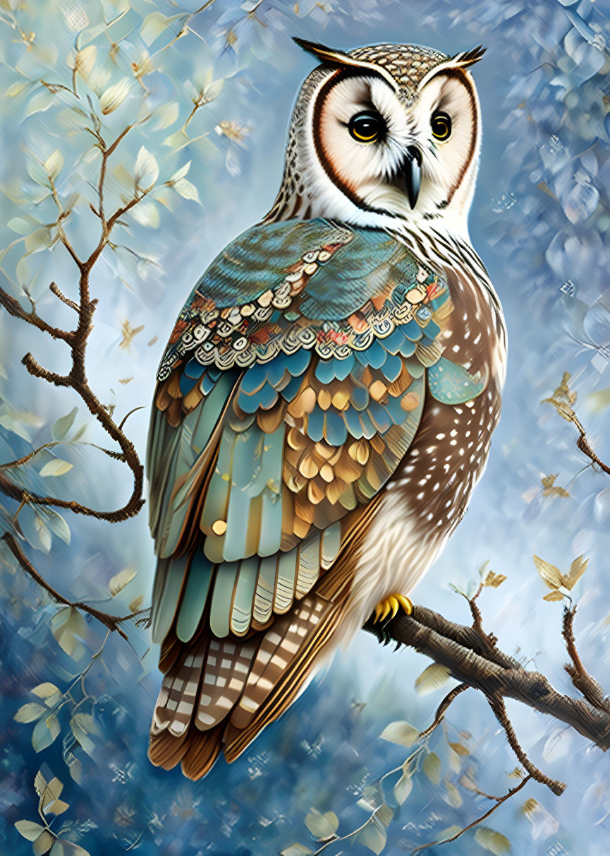 Detailed Owl Illustration with Patterned Feathers on Branch in Blue Background