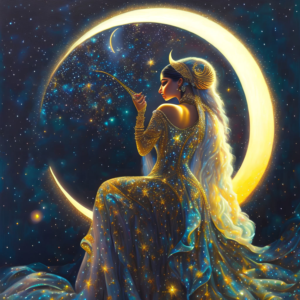 Ethereal woman in starry gown on crescent moon with bow