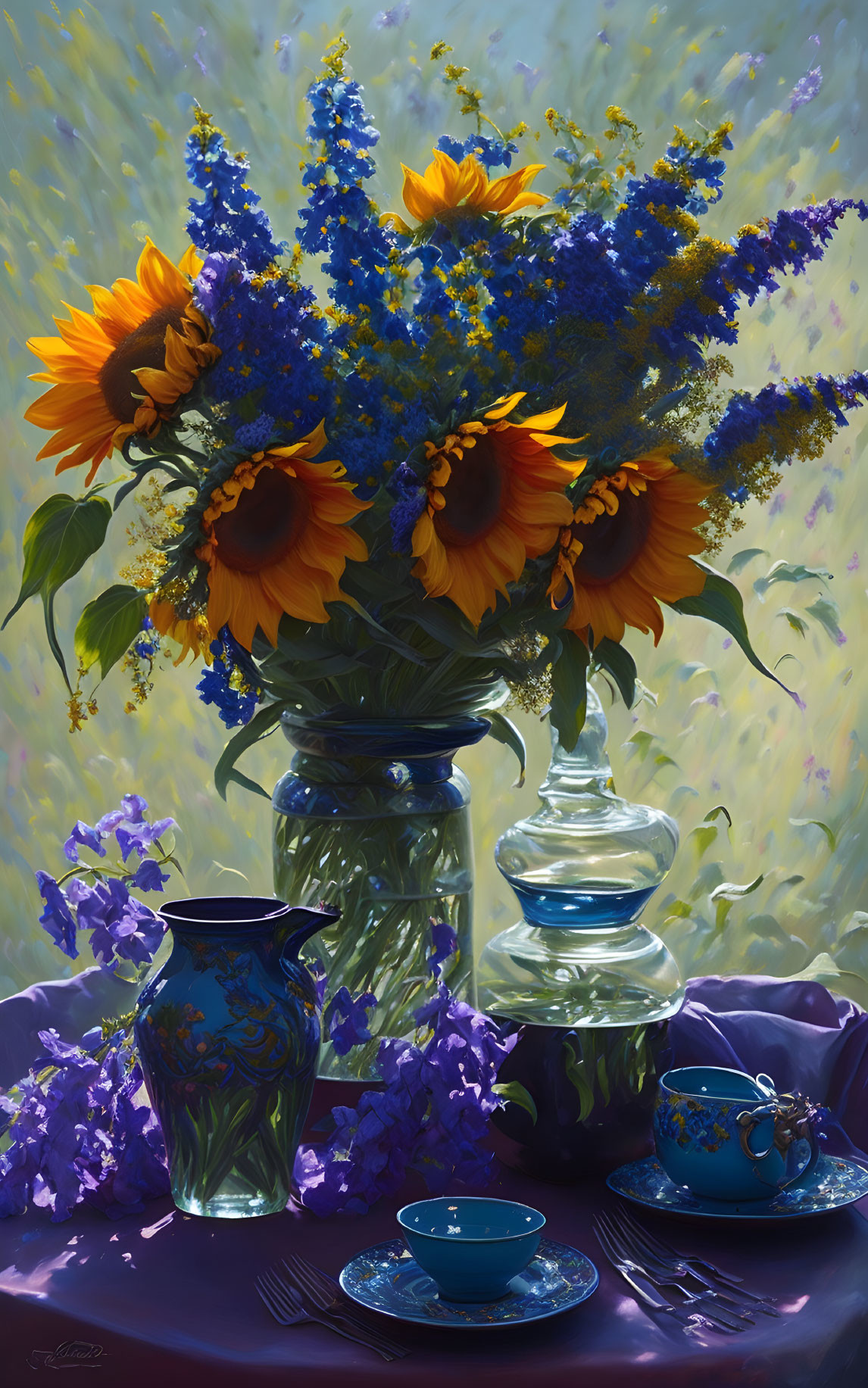 Colorful Still Life Painting of Vase with Sunflowers and Blue Flowers