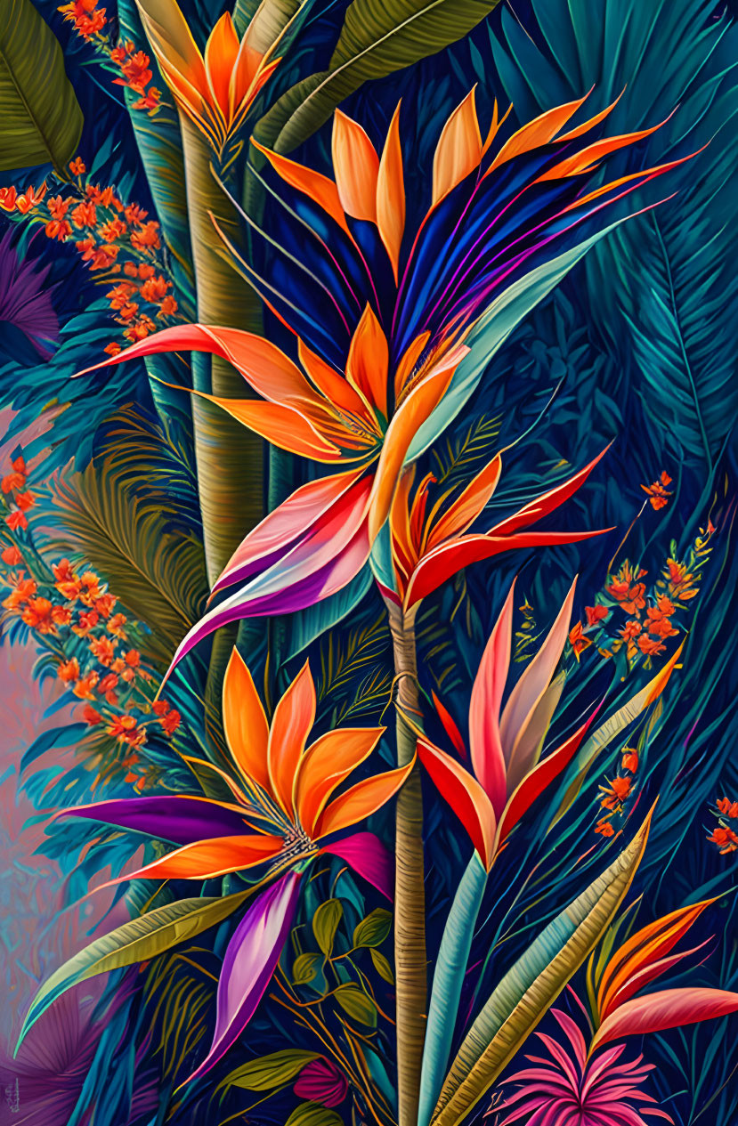 Colorful Tropical Digital Artwork Featuring Bird-of-Paradise Flowers