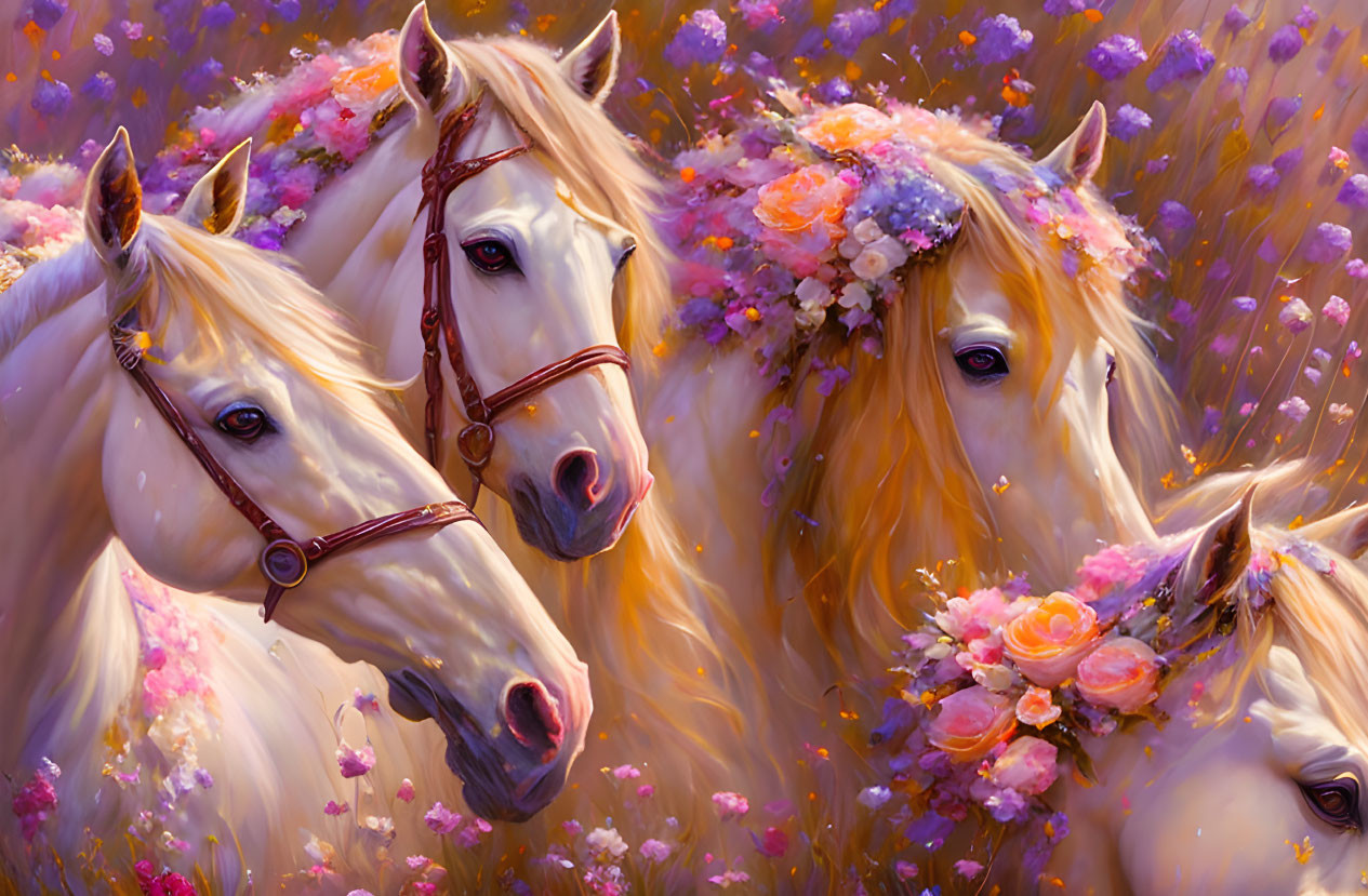 Floral-crowned horses in vibrant purple flower field