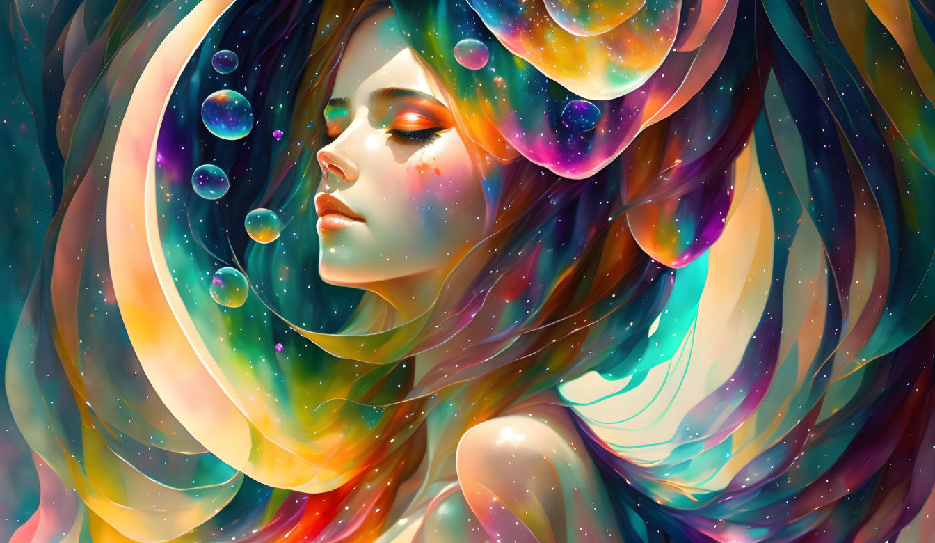 Colorful cosmic-themed woman with swirling hair and stars, planets, and bubbles.