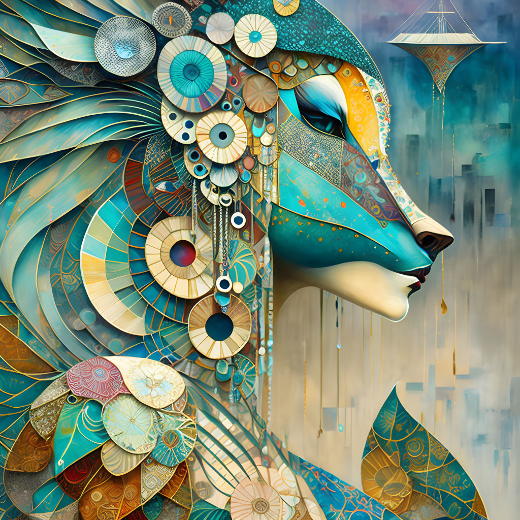 Colorful Wolf Profile Artwork in Blues, Golds, and Teals