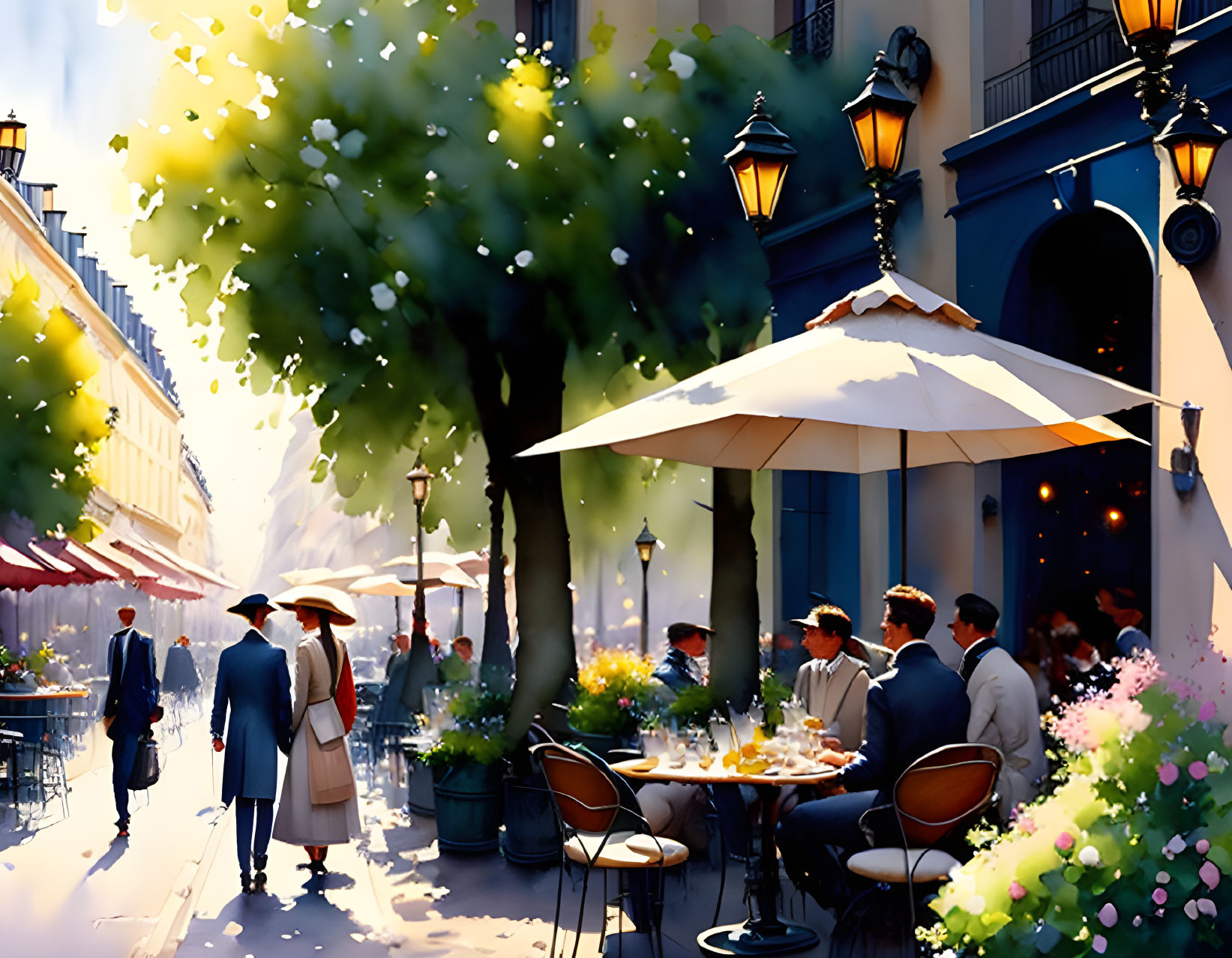 Colorful street scene with outdoor dining and greenery on a sunny day