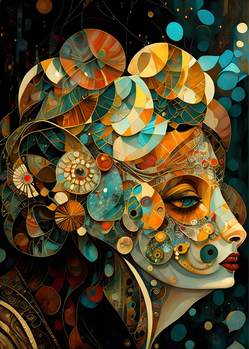 Detailed Woman's Profile with Abstract Geometric Shapes in Earthy Tones