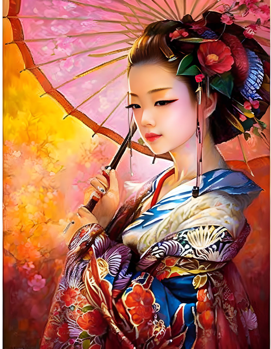 Colorful digital artwork: Young woman in kimono with pink parasol, floral backdrop