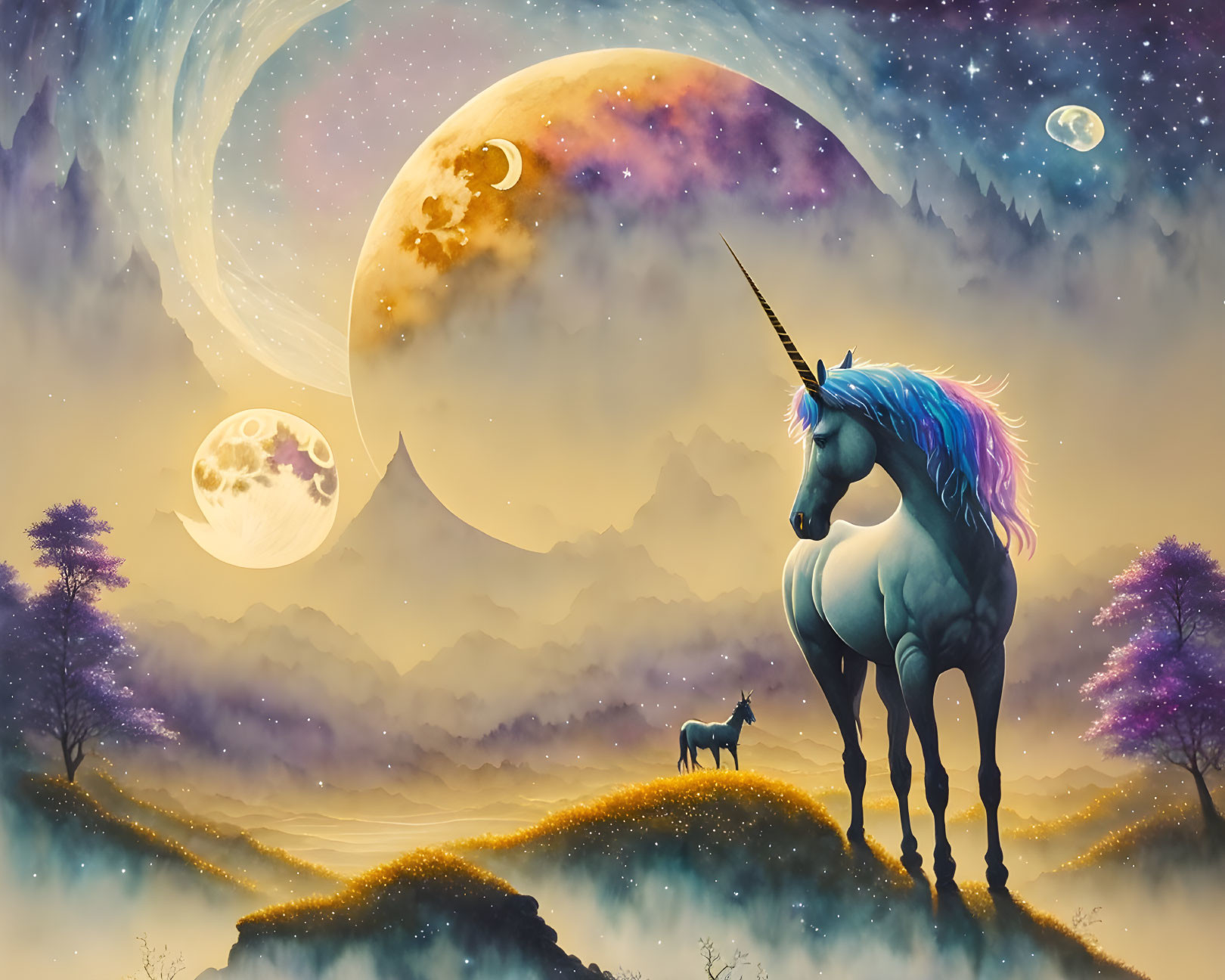 Mystical unicorn duo under celestial sky with multiple moons in vibrant mountain landscape