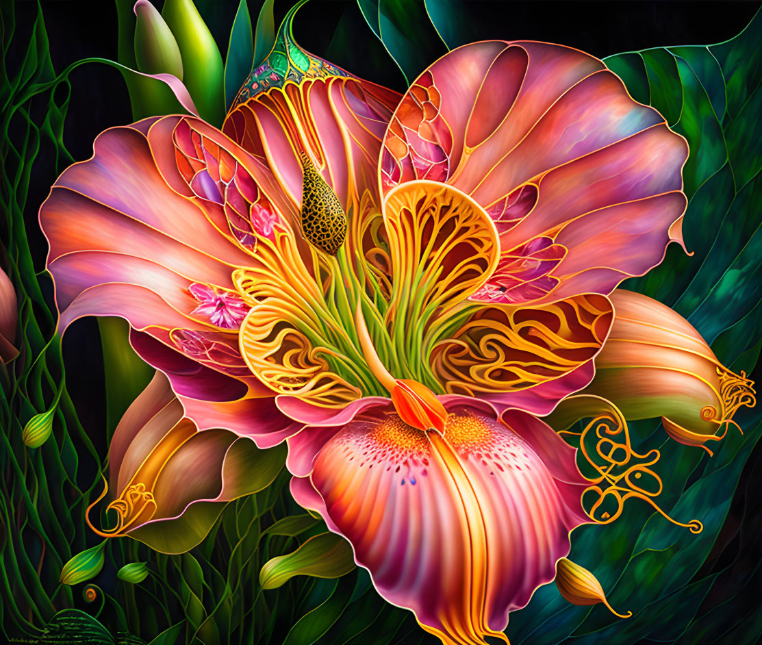 Detailed Digital Painting of Vibrant Flower in Pink, Orange, and Yellow