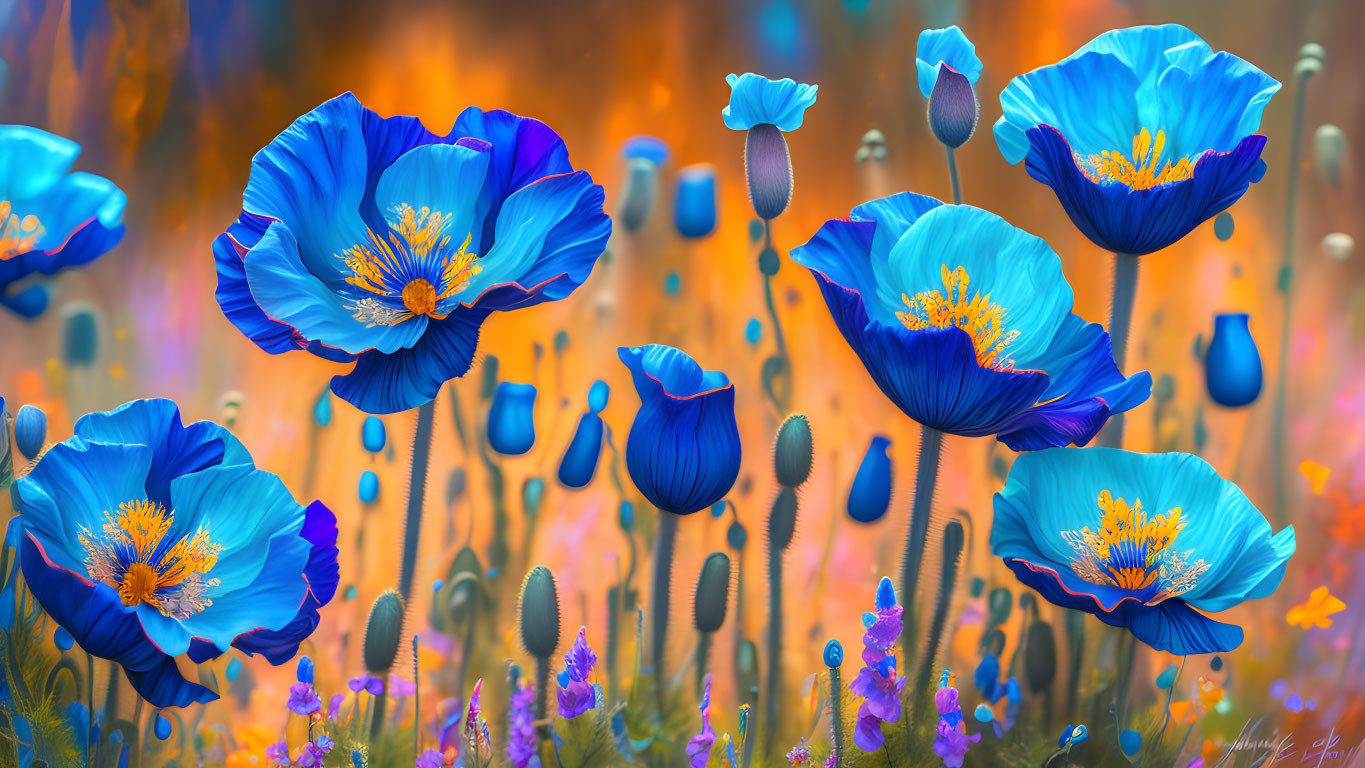 Colorful Blue Poppies Among Orange and Purple Wildflowers in Dreamy Garden