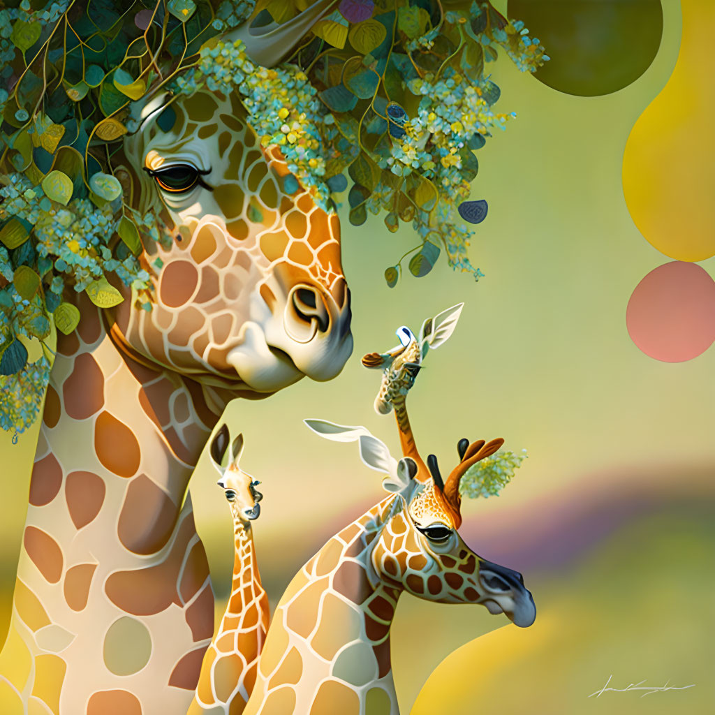 Whimsical giraffes with floral patterns on soft-focus background