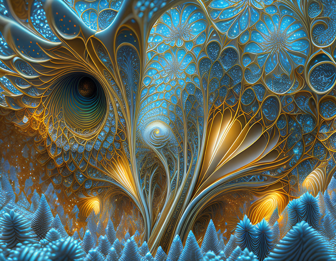 Intricate Blue and Gold Fractal Spiral Design