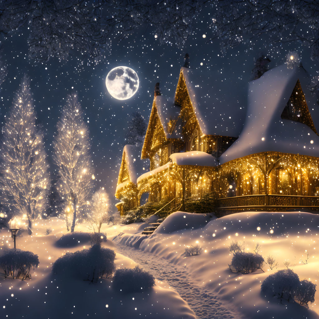 Snowy landscape with cozy house and full moon