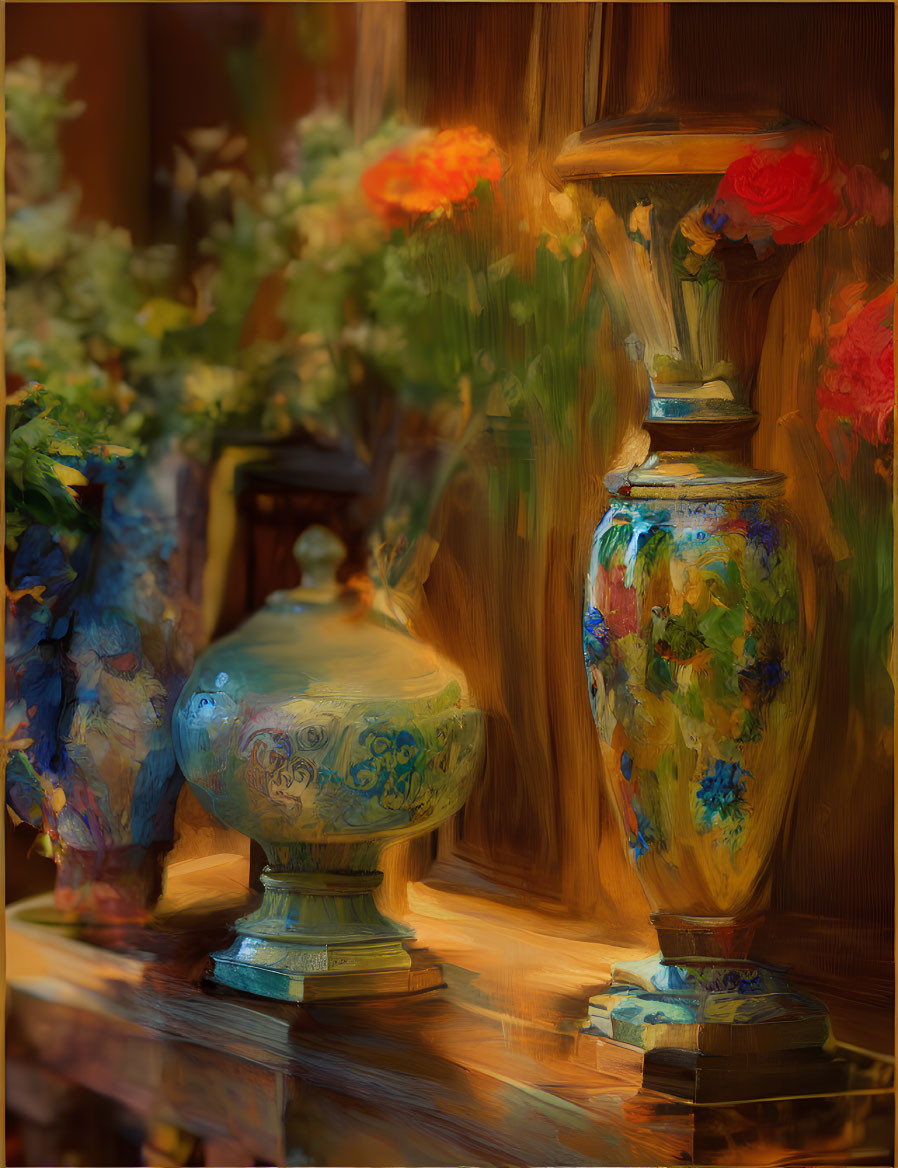 Blue and Orange Floral Arrangement with Ornate Vase and Lidded Urn