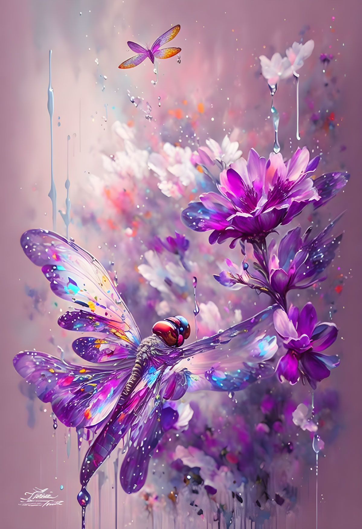 Colorful Dragonfly Artwork Among Flowers and Creatures