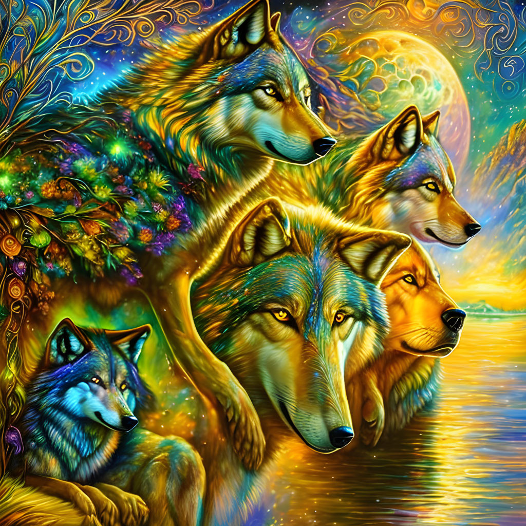 Detailed Wolf Artwork with Golden and Blue Hues