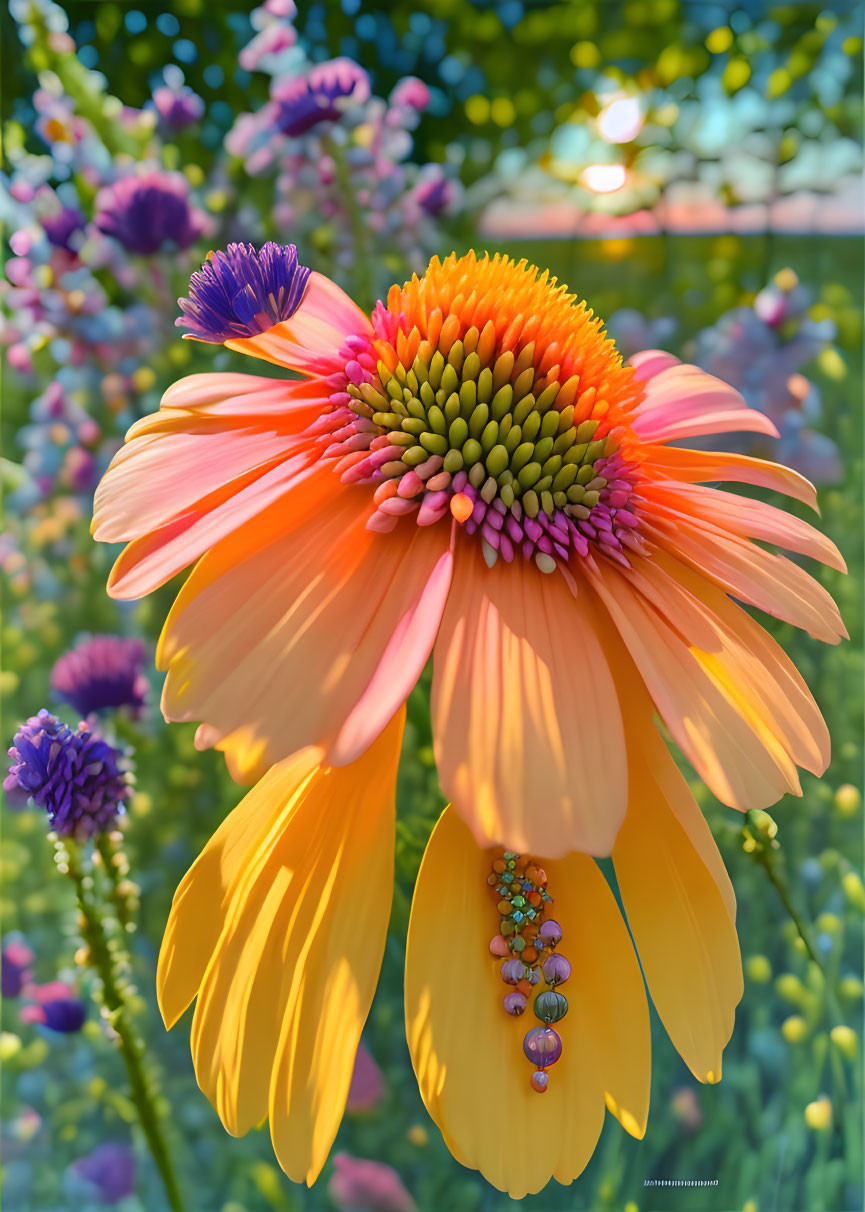 Colorful flower with green center in sunny garden landscape