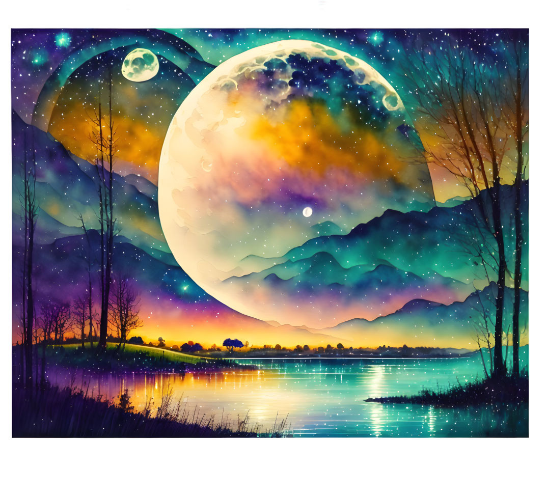 Scenic landscape with large moon, layered mountains, starry sky, serene lake, and trees