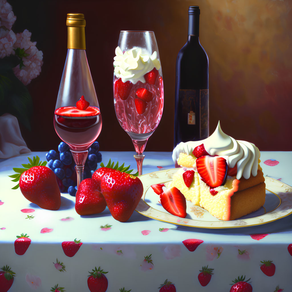 Ripe strawberries, grapes, wine bottle, glass, champagne flute, dessert with cream