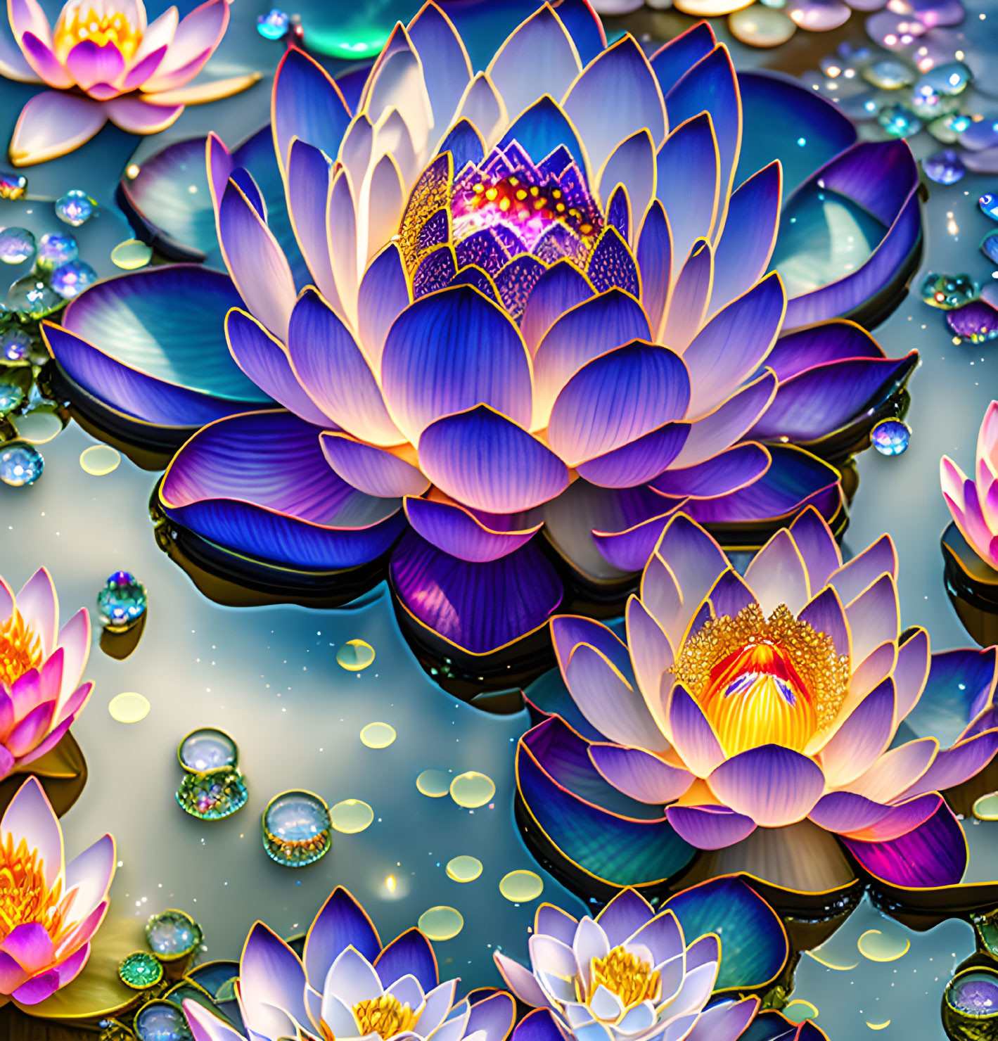 Colorful digital artwork of lotus flowers in blue and purple with sparkling crowns, floating on water