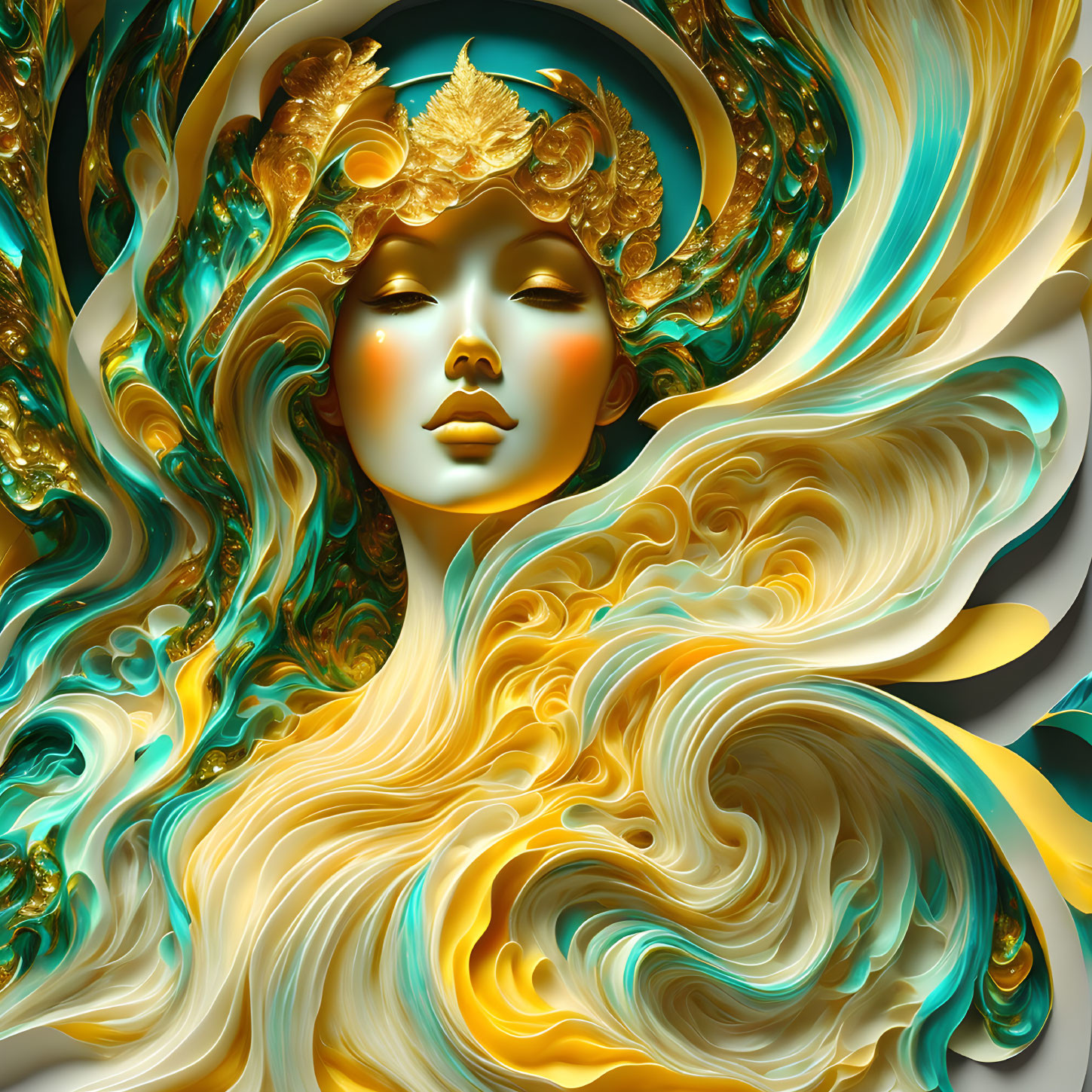 Digital artwork featuring woman with ornate gold and turquoise headpiece and flowing hair with abstract patterns.