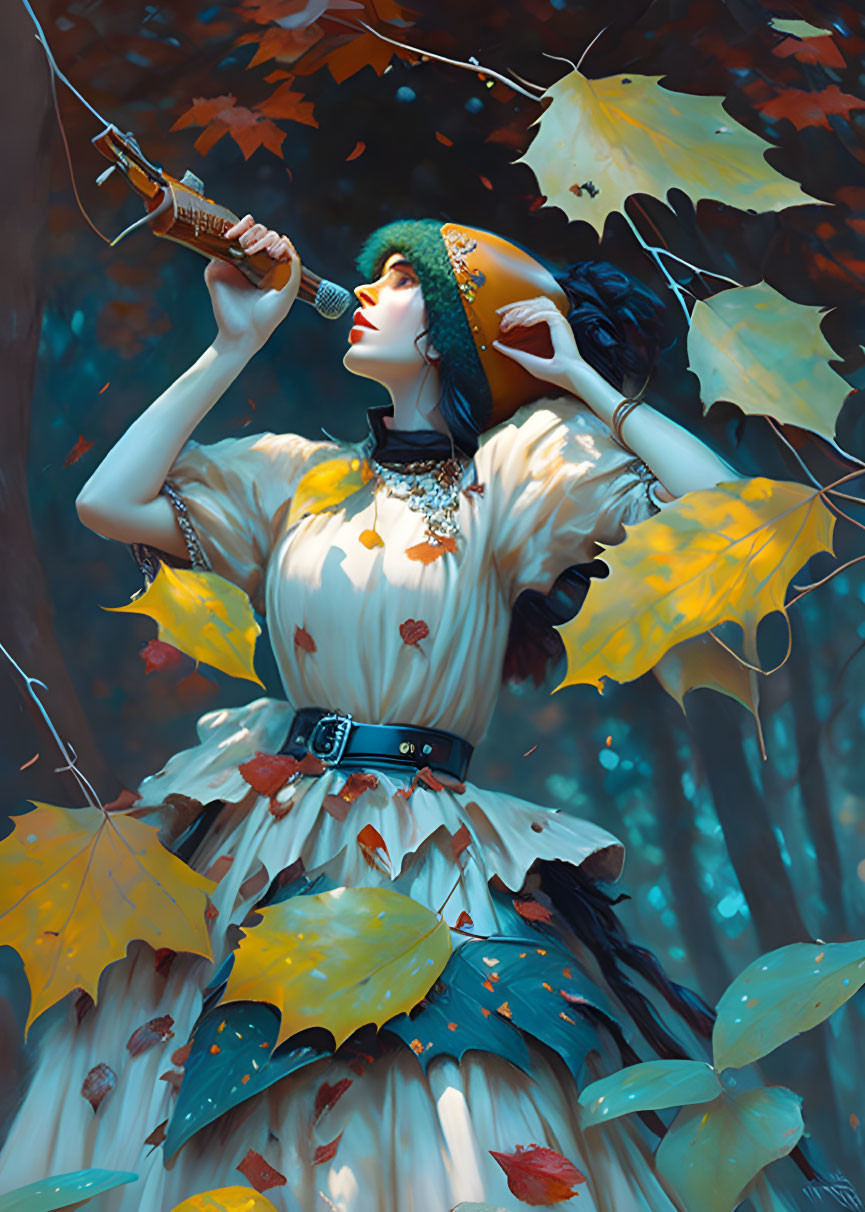 Woman in Autumn Leaf Dress Contemplating with Sword in Forest