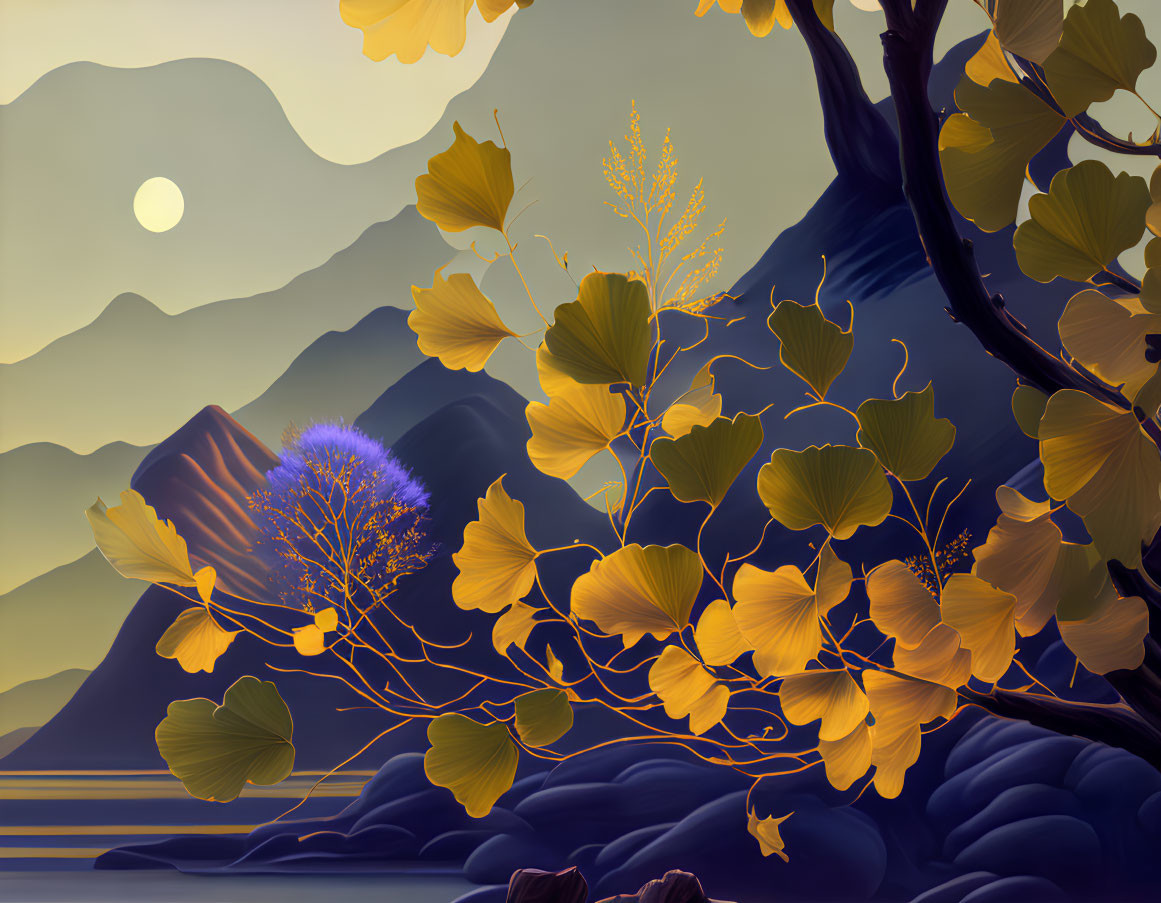 Tranquil landscape with yellow trees, purple flora, rolling mountains, and serene sunset