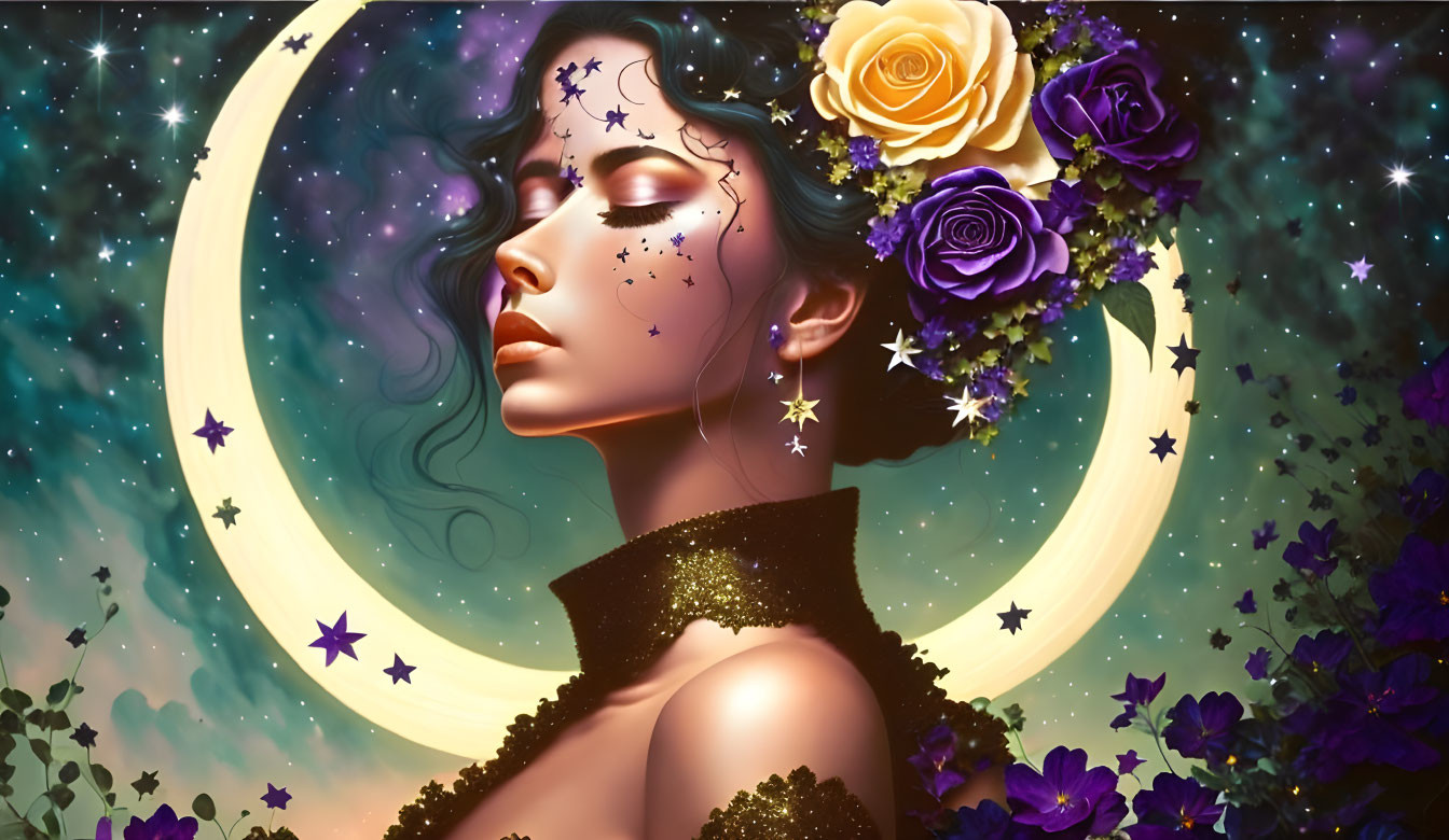 Woman with Flower Hair and Star Face in Crescent Moon Background