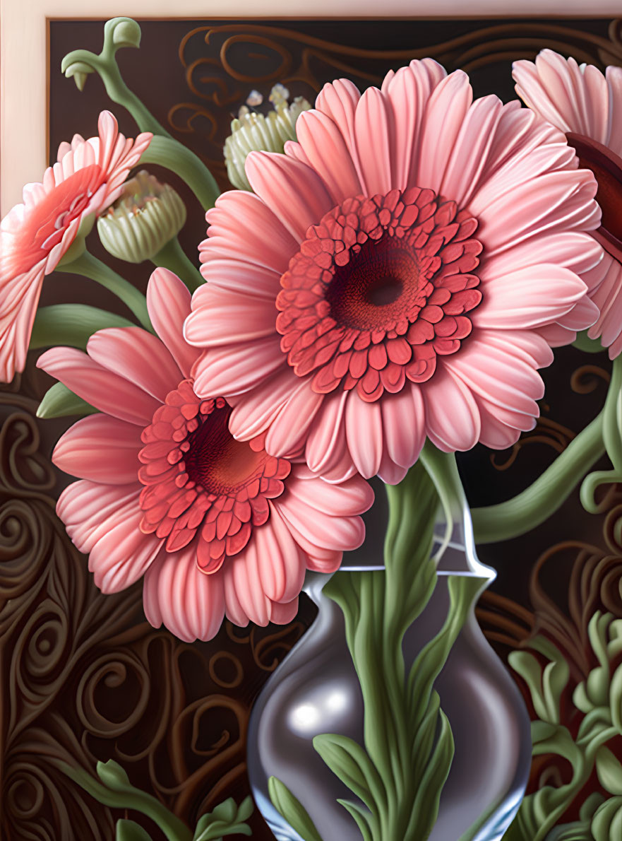 Detailed Pink Gerbera Daisies Digital Painting in White Vase