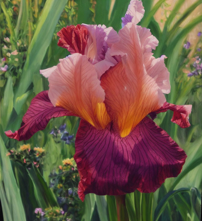 Pink and Purple Iris Flower with Green Foliage and Purple Flowers