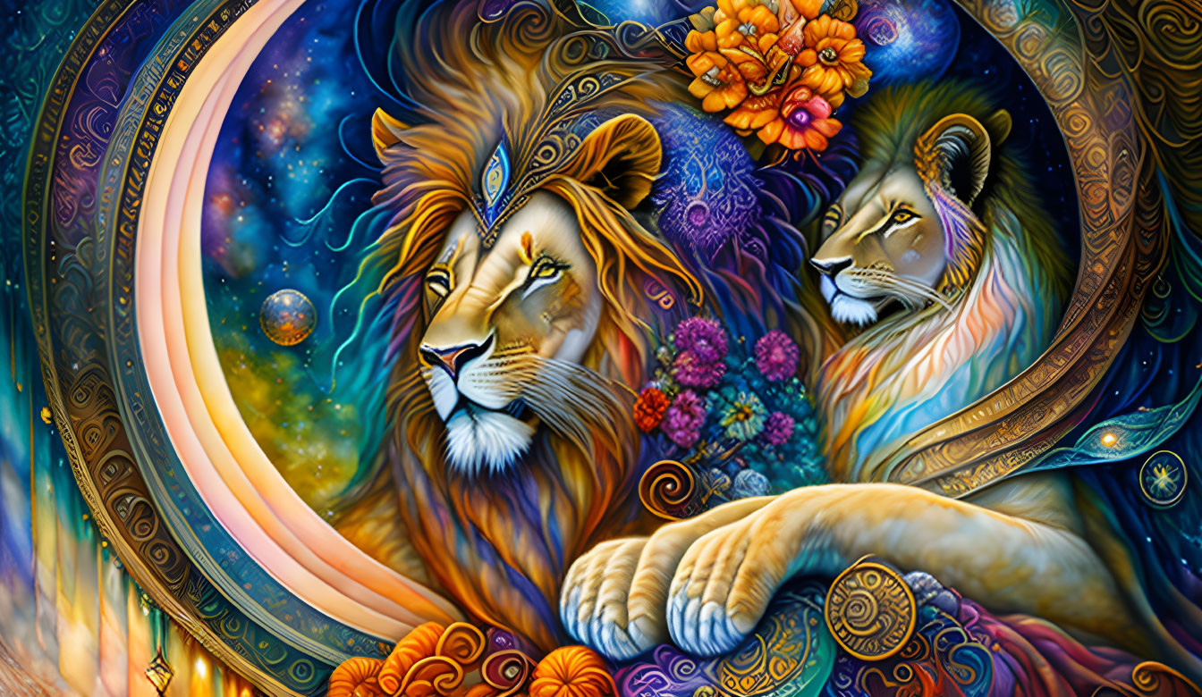 Colorful Painting of Majestic Lions with Cosmic and Floral Motifs