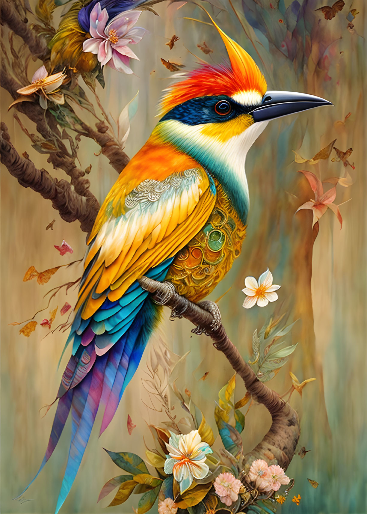 Colorful stylized bird illustration with intricate plumage on branch with flowers, tiny hummingbird.