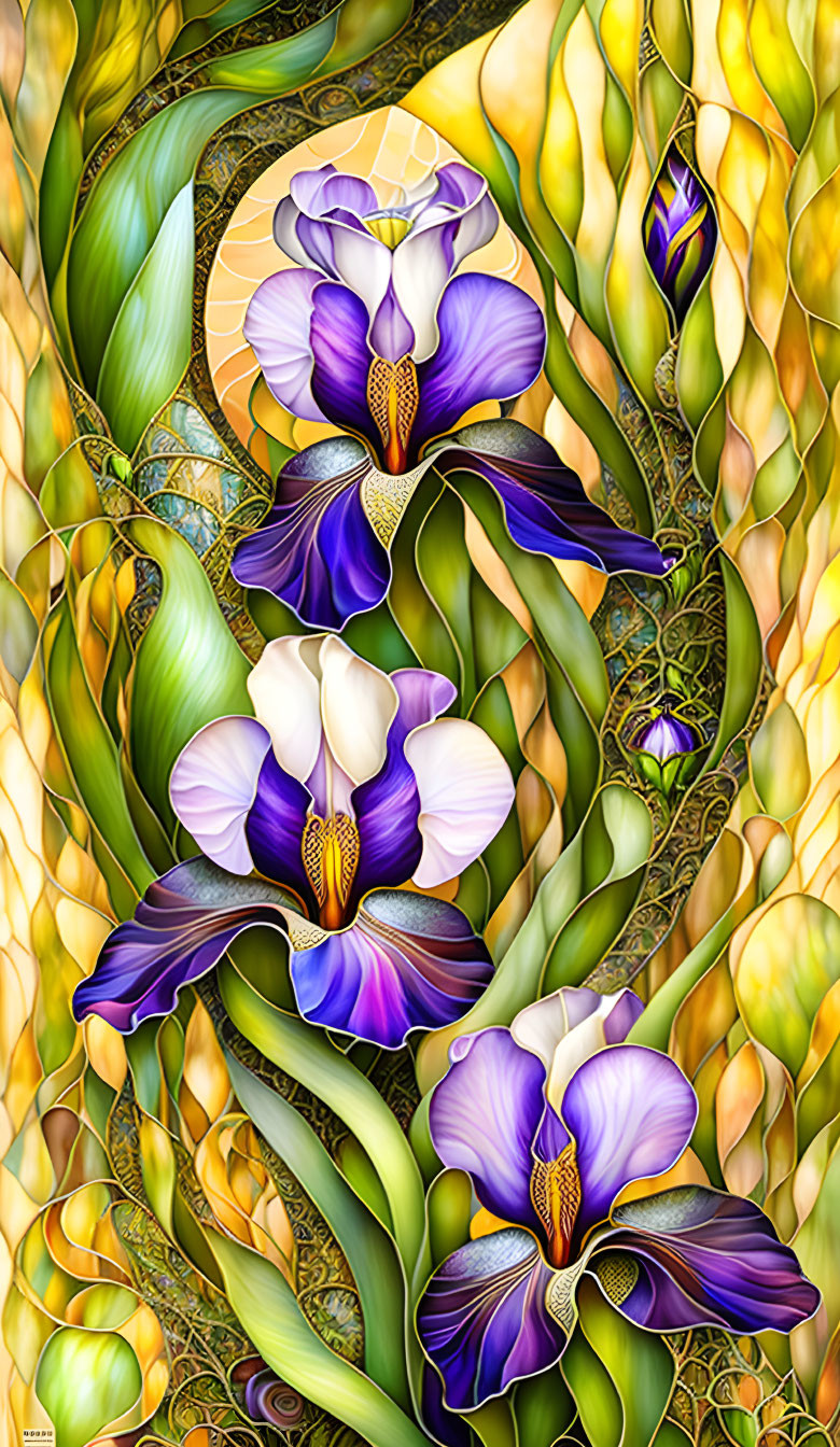 Colorful digital artwork of purple irises with yellow accents on textured green foliage background.