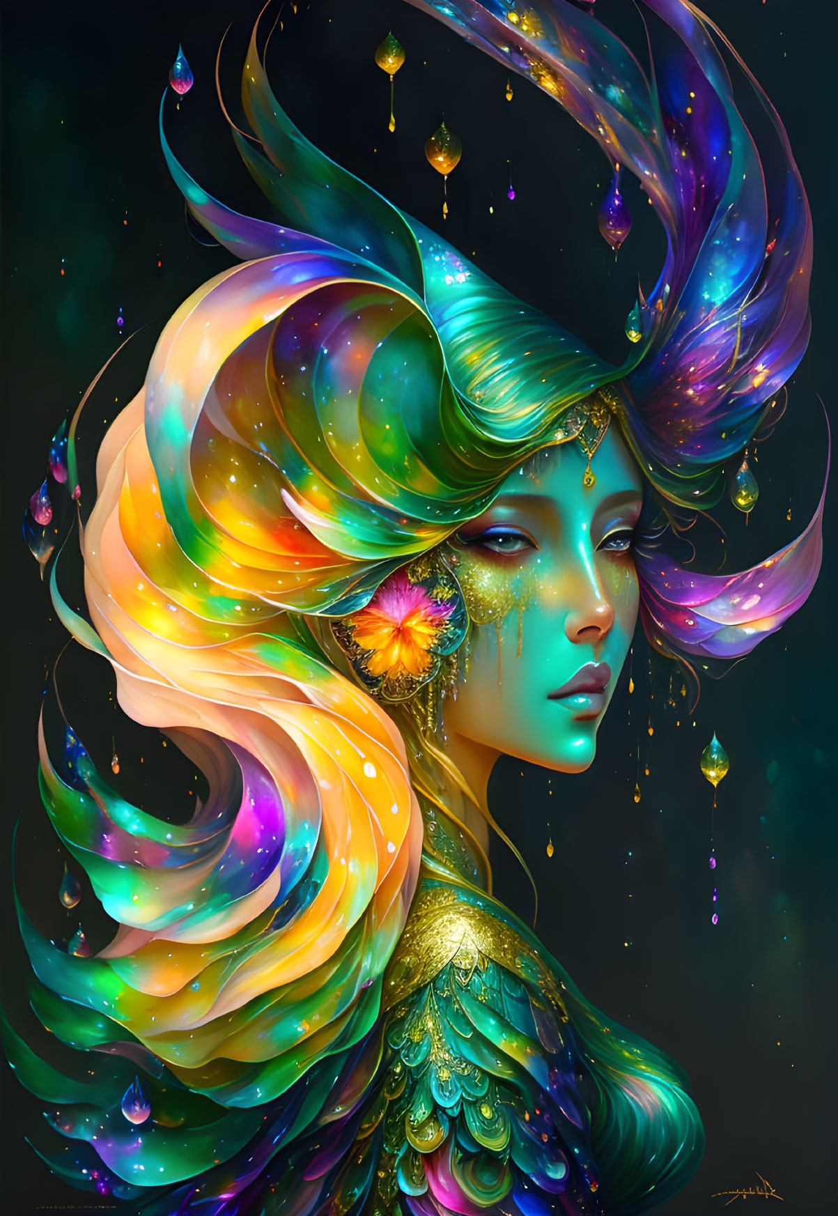 Colorful Digital Artwork: Mythical Woman with Iridescent Hair & Peacock Feathers