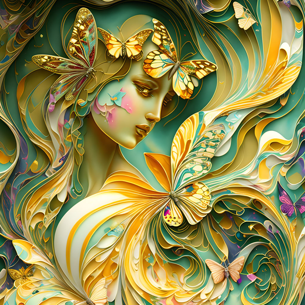 Abstract golden illustration: Female figure with butterflies in green and gold swirls