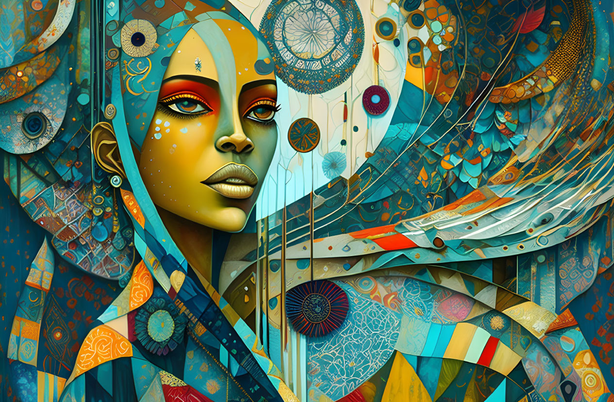 Vibrant digital artwork of stylized woman with bold makeup and abstract patterns